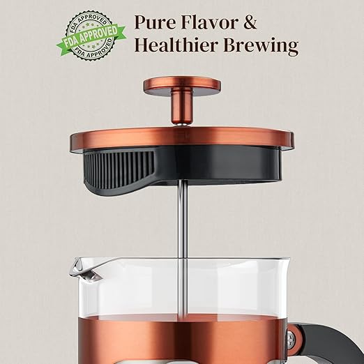 Veken French Press Coffee Maker, Heat Resistant Thickened Borosilicate Glass,Stainless Steel Brewer,Single Serve Small Pot, Cold Brew Cafetera Teapot for Kitchen Travel Camping, 21oz 0.6 L,Copper