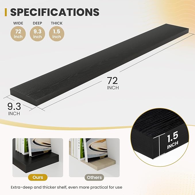 72 Inch Floating Shelves, 9.3" Deep Floating Shelf Wall Mounted, 72" Wall Shelves, Rustic Deep Bookshelf, Large Display Shelves & Storage Shelves for Bedroom, Living Room, Black, Set of 2