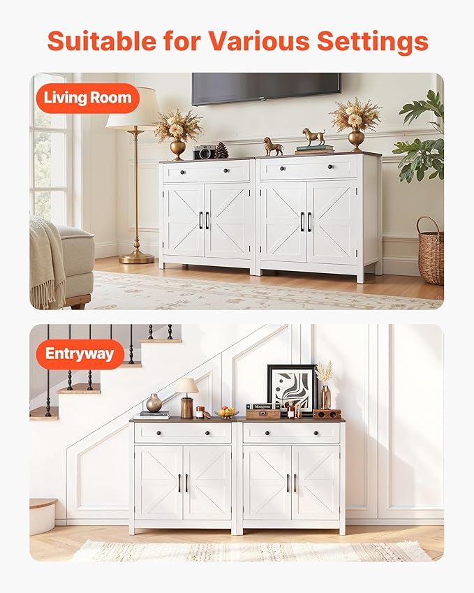 VEVOR Buffet Cabinet, Farmhouse Sideboard Cabinet with Drawer, Coffee Bar Cabinet with 2 Barn Door, Sideboard Buffet Station for Living Room, Entryway, Kitchen, 29.5 x 14.7 x 31.5 in, White