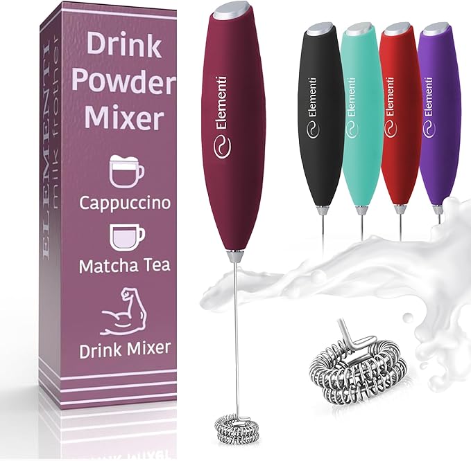 Elementi Milk Frother Wand - Easy to Use Handheld Electric Stirrer for Powder Drinks, Durable & Powerful Coffee Whisk & Protein Powder Mixer Wand, Hand Frother, Coffee Stirrers Electric (Burgundy)