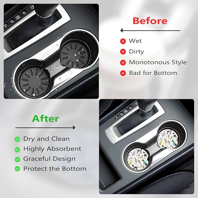 Car Cup Holder Coasters, 2 Pcs Ceramic Coasters with Finger Slot and Cork Back, Anti-Slip Shock Absorbing Women and Men Universal Car Accessories - Flower Dog