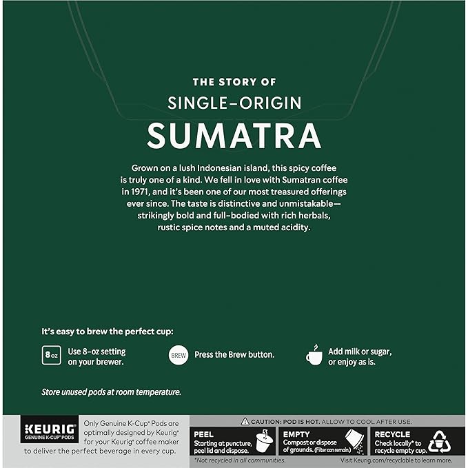Starbucks Coffee K-Cup Pods, Sumatra Single-Origin Coffee, Dark Roast Ground Coffee, Keurig Genuine K-Cup Pods, 32 Count (Pack of 4)