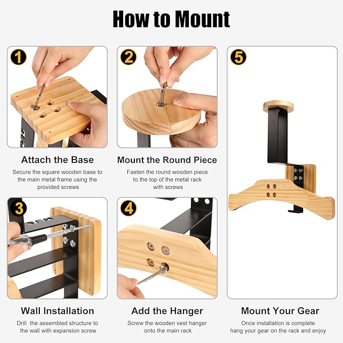 Tactical Gear Stand, Holds 100 LBS Wall Mounted Police Gear Rack, Heavy-Duty Body Armor Stand, Solid Wood Airsoft Plate Carrier Hanger, Motorcycle Helmet Holder Wall Mount Display