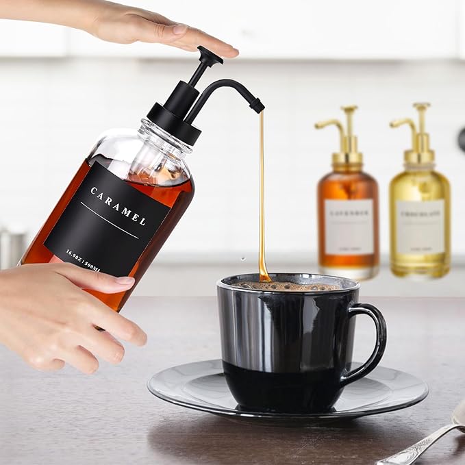 Coffee Syrup Dispenser for Coffee Bar, Coffee Syrup Pump Dispenser, Glass Syrup Bottle with Black Upgraded Pump, 4 Pack 16.9 oz 500 ml Syrup Dispensers, 28 Labels and 2 Bamboo Tray
