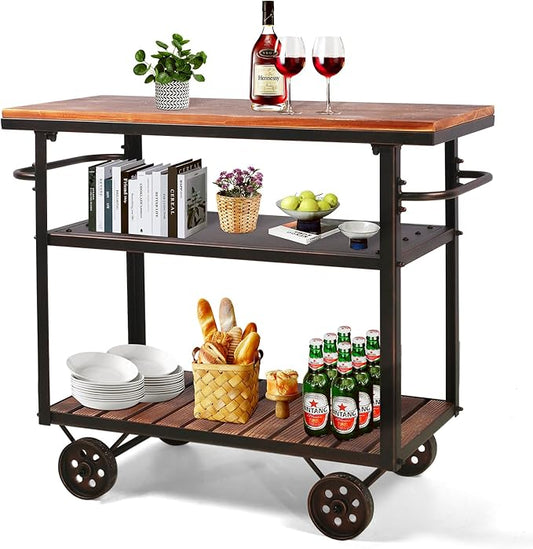 LOKKHAN Rolling Bar Cart with Handle [3 Tier] Home Kitchen Microwave Cart Island On Wheels, Mobile Serving Cart Beverage Cart, Coffee Station (Metal/Wood, Industrial Black/Rustic Brown)