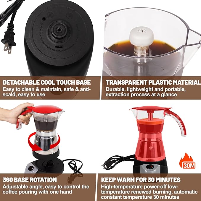 Electric Moka Pot 6 Cup 300ml Plastic Transparent Stovetop Espresso Maker Portable Stainless Steel Mocha Pot Percolator Italian Coffee Makers Greca Machine Cafe Classic for Home Camping