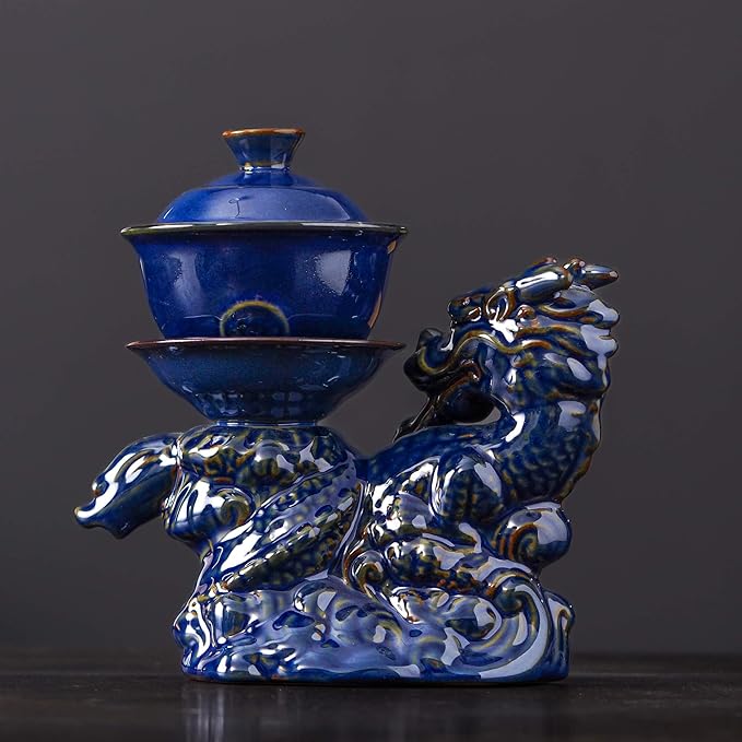 Semi Automatic Tea Set Ceramic Teapot with Infuser Magic Teapot with 8 cups (Dark Blue Dragon-B)