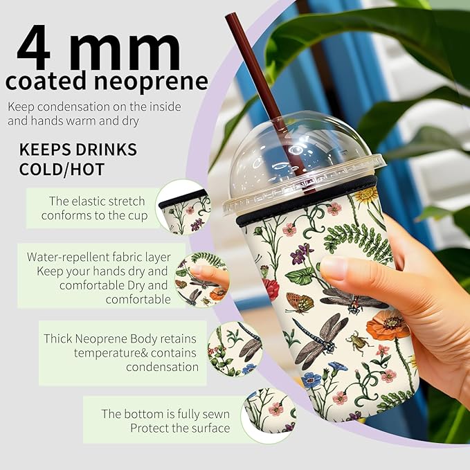 Reusable Neoprene Insulator Sleeve for Iced Coffee Cups, Medium 22-28oz Durable Drink Sleeve for Cold Beverages, Cute Beverage Holder Cup Sleeve for Women Men Boho Dragonfly