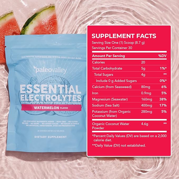 Paleovalley Essential Electrolytes Powder - Full Spectrum Watermelon Electrolyte Powder for Hydration, Energy and Muscle Recovery - No Sugar Added - 30 Servings
