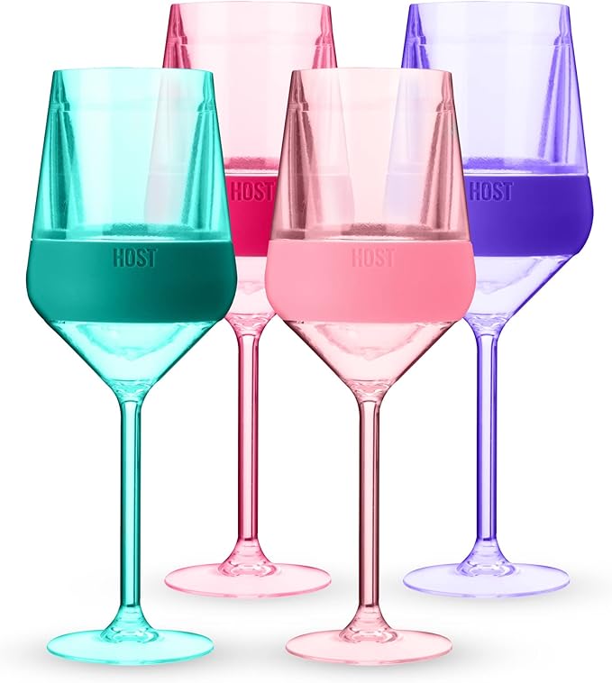 HOST Wine Freeze Double-Walled Stemmed Wine Glasses Cooling Cups with Active Cooling Gel and Insulated Silicone Grip, 6.5 Oz Plastic, Tinted, Set of 4