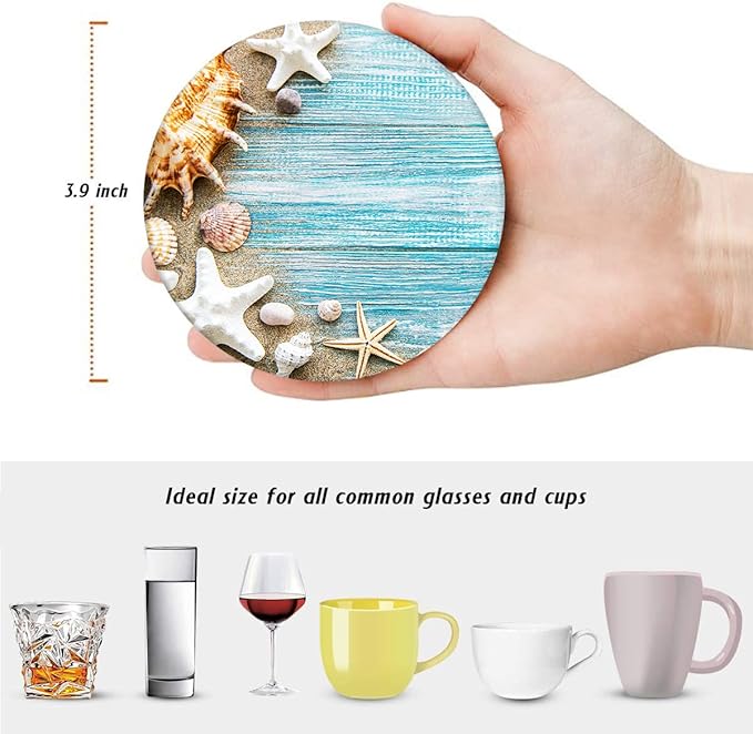 Britimes Coaster for Drinks Set of 6, Shells Blue Wooden Space Beach Table Absorbent Round Ceramic Stone Mat, with Cork Base and Metal Holder, Gift for Housewarming Room Bar Decor