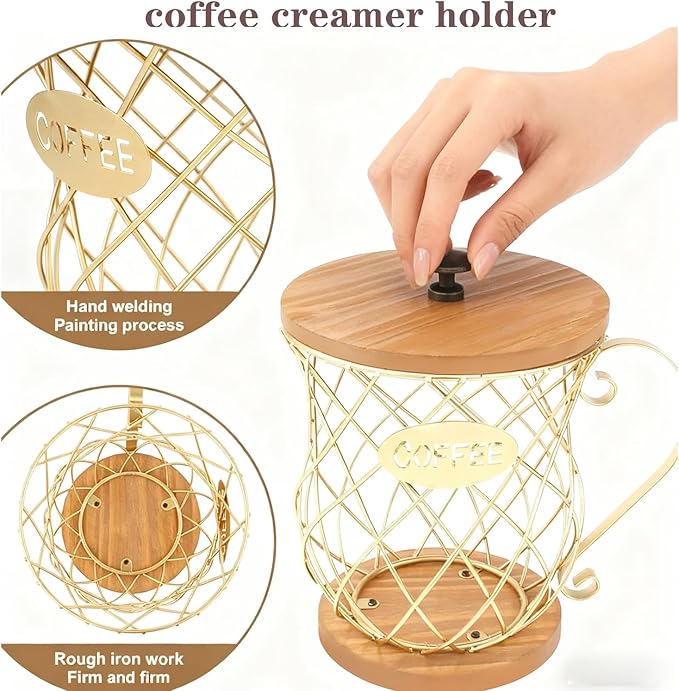 Coffee Pod Holder with Lid -Coffee Creamer Holder Large Capacity Holder for k Holder Organizer for Counter - Coffee Decor Station for Pods, Espresso, Capsules, Creamer, (Gold-HH)