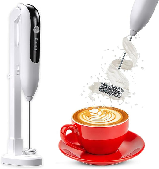 Rechargeable Milk Frother Handheld with Stand for Latte Art/Coffee Mixer Wand/Double Whisk Milk Frother Wand Coffee Frother Handheld/Electric Whisk Frother/Drink Mixer Handheld
