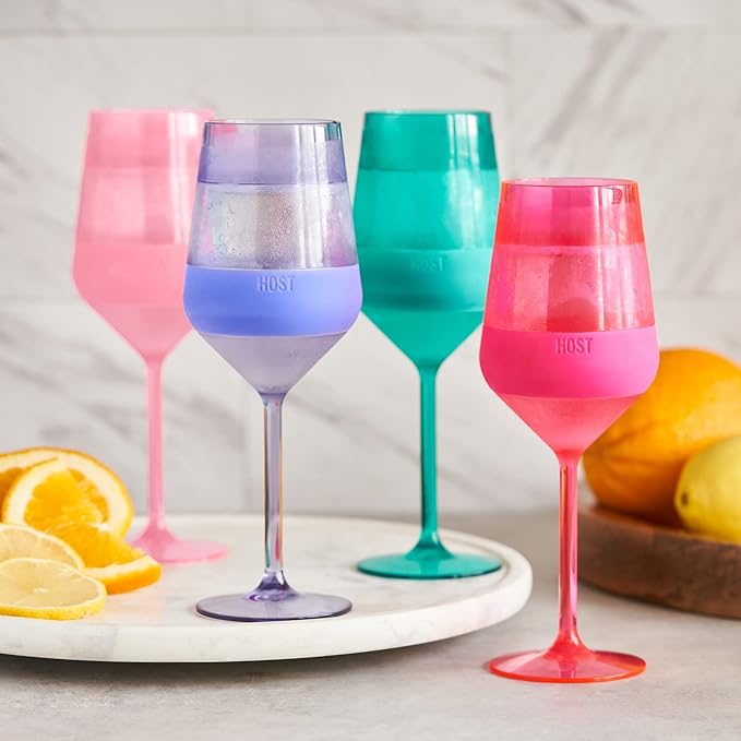 HOST Wine Freeze Double-Walled Stemmed Wine Glasses Cooling Cups with Active Cooling Gel and Insulated Silicone Grip, 6.5 Oz Plastic, Tinted, Set of 4