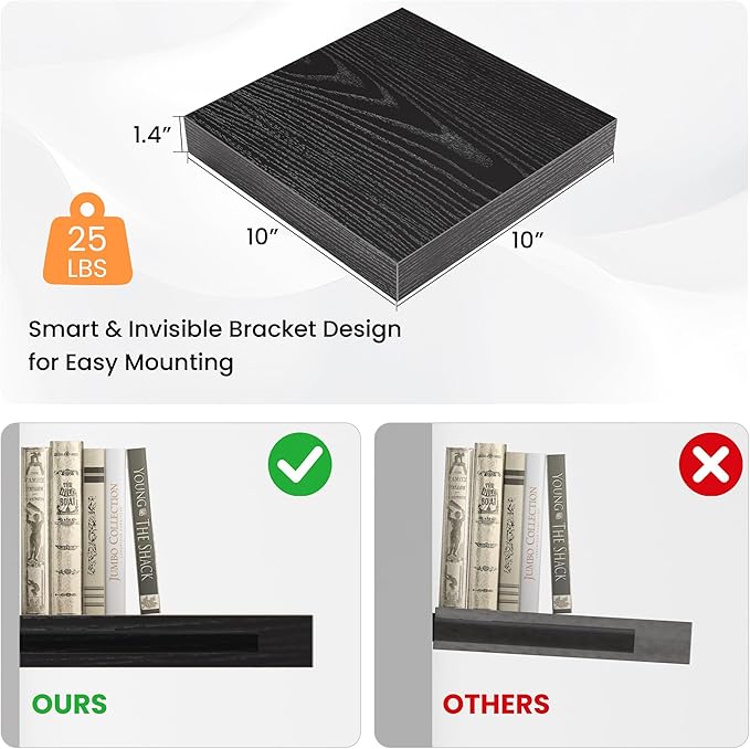 Square Floating Shelves for Wall, 10" W x 10" D x 1.4" H, Small Wooden Wall Mounted Display Shelves with Invisible Brackets for Living Room, Bedroom, Bathroom, Kitchen Decor, Set of 4, Black
