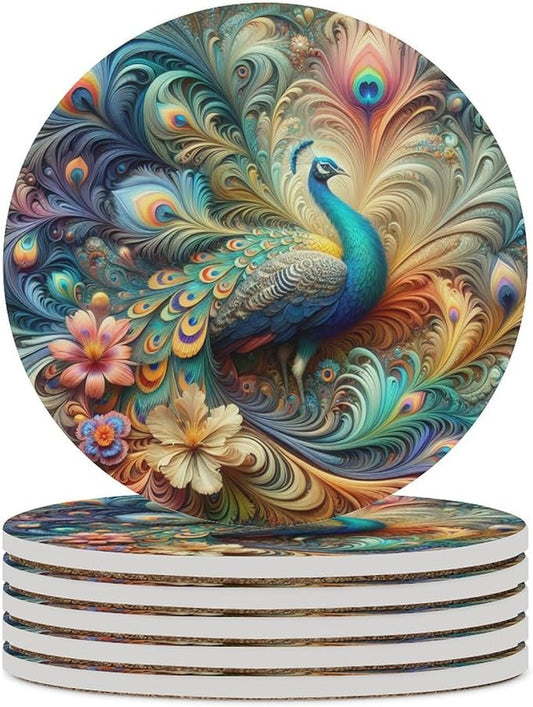 Peacock Drink Coasters, Round Ceramic Drink Coaster Round-6PCS, Beautiful Colorful Floral Peacock Art Pattren Decor Absorbent Ceramic Coasters for Beverage Cup, Bar, Coffee Table