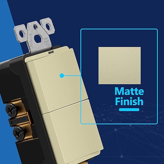 LIDER Minimalist Design Matte Finish Lighted Double Switch with Screwless Wall Plate, Combination Frameless Decorator Switch with Locator Light, Ground Terminal Single Pole, 15A 120V, UL Listed, Ivory