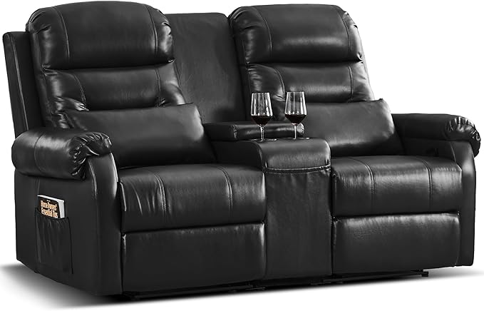 DRMBOOK RV Loveseat Recliner Sofa with Console, Faux Leather Double Wall Hugger Reclining Couch Manual Home Movie Seating 2 Person Recliner Chair with Cup Holders/Storage/Pocket/Lumbar Pillow, Black