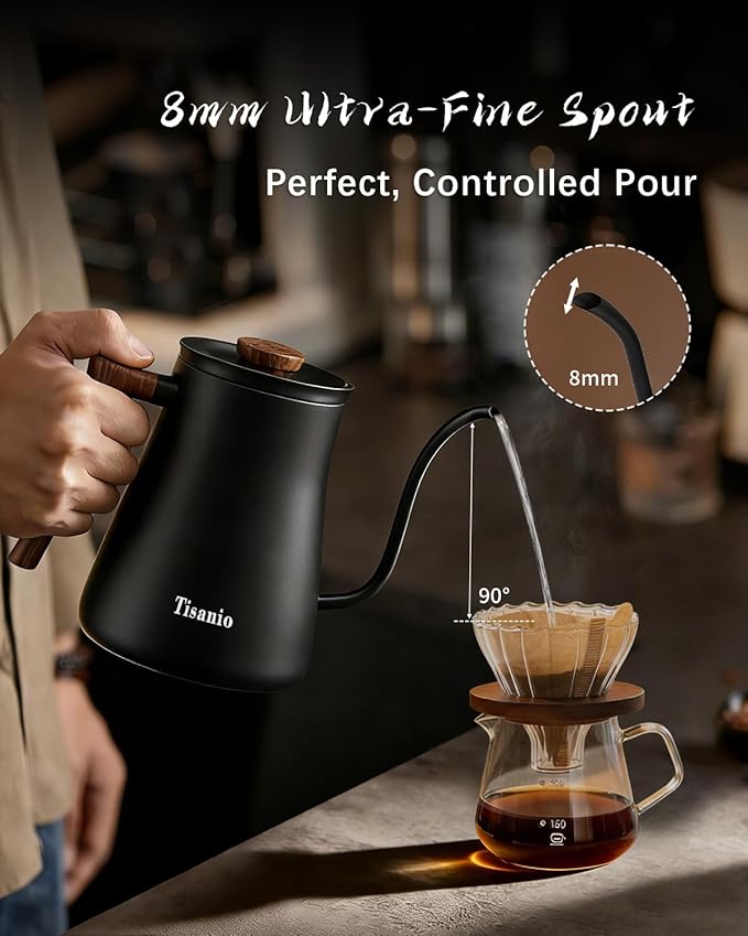 Gooseneck Electric Kettle with ±1°F Precise Temperature Control, Smart Two-Stage Heating, 304 Stainless Steel Interior, Fast Boil & 2-Hour Keep Warm, Pour Over Coffee & Tea, 0.9L,Wood Black