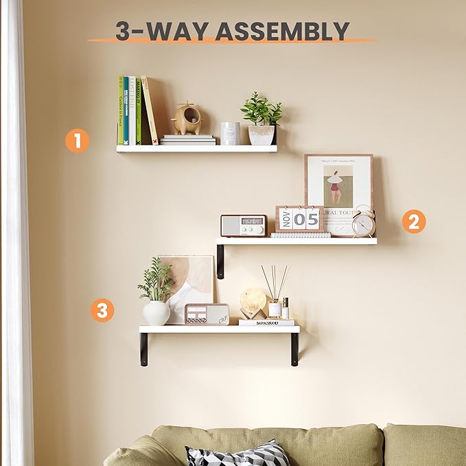 upsimples Floating Book Shelves for Wall, 23.6 Inches Floating Wood Shelves for Living Room, Laundry Room, Bedroom, Office Organizer and Storage, White