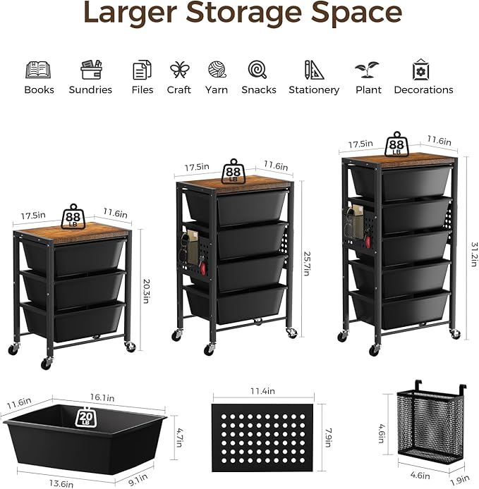 Rolling Cart with 3 Drawers, Plastic Drawer Storage Carts with Lockable Wheels & Wooden Tabletop, Metal Utility Cart Organizer, Office Bedroom Classroom Craft Organization and Storage, Dark Black