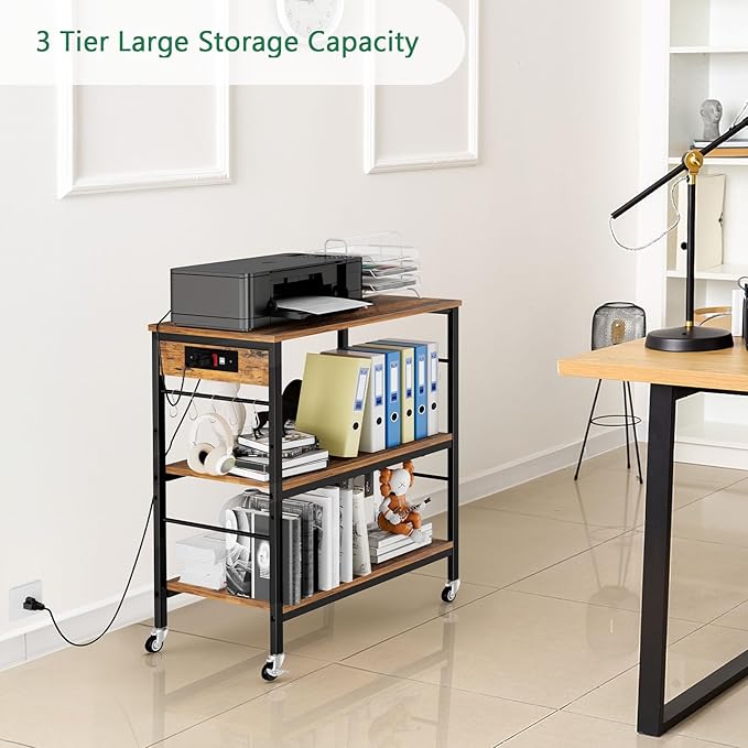 ETELI Bakers Rack with Power Outlet Microwave Stand Cart with Storage Coffee Station Table Cart on Wheels for Kitchen Living Room Bedroom, Rustic Brown