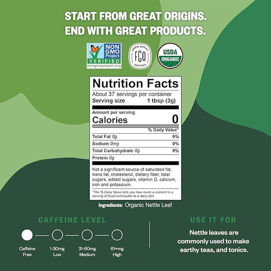 FGO Organic Nettle Leaf Loose Tea, Cut and Sifted, Caffeine Free, 4oz Resealable Bag, Packaging May Vary (Pack of 1)