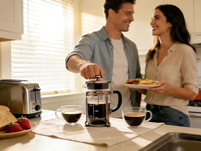 French Press Coffee Maker 21oz, 304 Stainless Steel 4Mesh Filter, Borosilicate Glass, Heat-Resistant, BPA-Free,Glass Carafe with Measurement Markings, Easy to Clean, forHome, Office & Gift