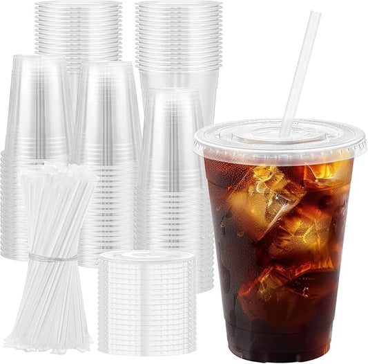 Clawsoff 16 oz 100 Pack Plastic Cups with Lids and Straws, Sturdy Food Safe Iced Clear Coffee Cups Disposable Smoothie Cups for Cold Drinks