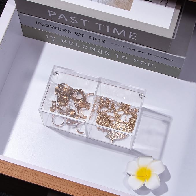 Yeeco Clear Acrylic Capsule Holder with Lid 2 Section Plastic Drawer Box Organizer 5.1”×2.6”×2.6”2 Compartments Desk Cube Containers for Jewelry，Candy，Coffee，Make Up Accessories