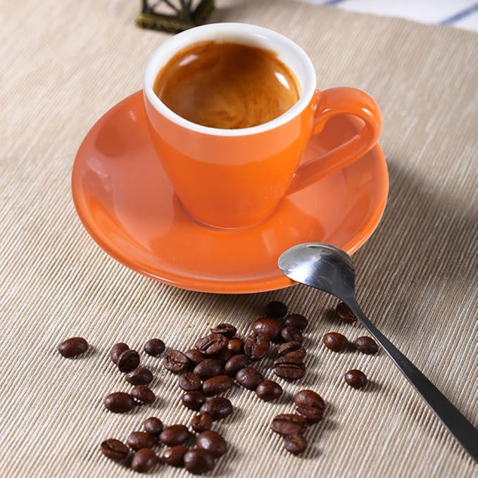 ionEgg Porcelain Espresso Cup with Saucer And Stainless Steel mini Spoons, Espresso shot Cup, 80ml/2.7Oz, Pack of 2, Orange