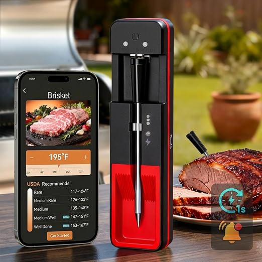 Smoker Wireless Meat Thermometer Digital: Smart Long-Range Bluetooth for Outdoor Smoking - 24H Probe App Alerts Precise Temp Tracking for Offset/Pellet/Charcoal/Kamado Smoker Master