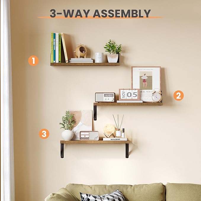 upsimples Floating Book Shelves for Wall, 23.6 Inches Floating Wood Shelves for Living Room, Laundry Room, Bedroom, Office Organizer and Storage, Brown