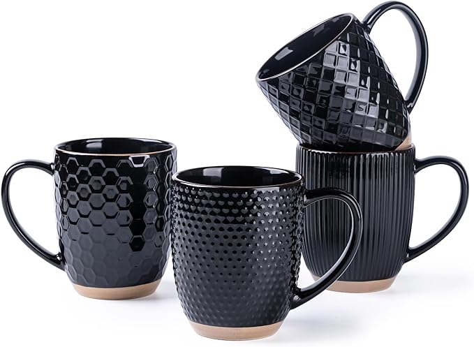 GBhome Large Coffee Mugs Set of 4, 16oz Handmade Embossed Coffee Mugs Set with Large Handle for Cappuccino/Latte/Tea/Hot Cocoa, Dishwasher & Microwave Safe, Black