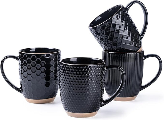 GBhome Large Coffee Mugs Set of 4, 16oz Handmade Embossed Coffee Mugs Set with Large Handle for Cappuccino/Latte/Tea/Hot Cocoa, Dishwasher & Microwave Safe, Black