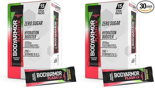 BODYARMOR Flash IV Electrolyte Packets,Strawberry Kiwi - Zero Sugar Drink Mix,Single Serve Packs,Coconut Water Powder,(Pack of 30)