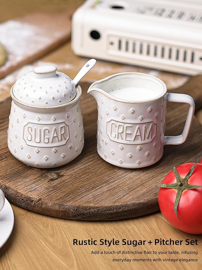 GDCZ Ceramic Sugar and Creamer Set, Milk Creamer and Sugar Container with Spoon, Coffee Serving Set with Sugar Bowl and Cream Pitcher, Set of 2 (White)