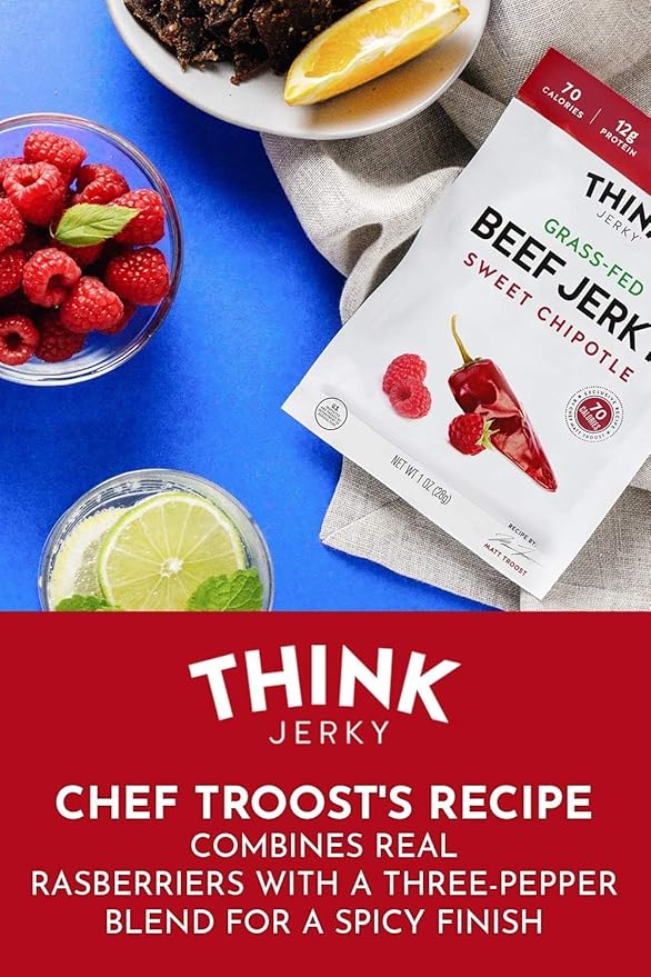 Think Jerky Sweet Chipotle Beef Jerky, Grass-Fed High Protein Beef Jerky, Gluten Free, No Antibiotics or Nitrates, Healthy Chef Crafted Recipe, Low Calorie and Low Fat - 2.2 oz Bags, 4 Pack