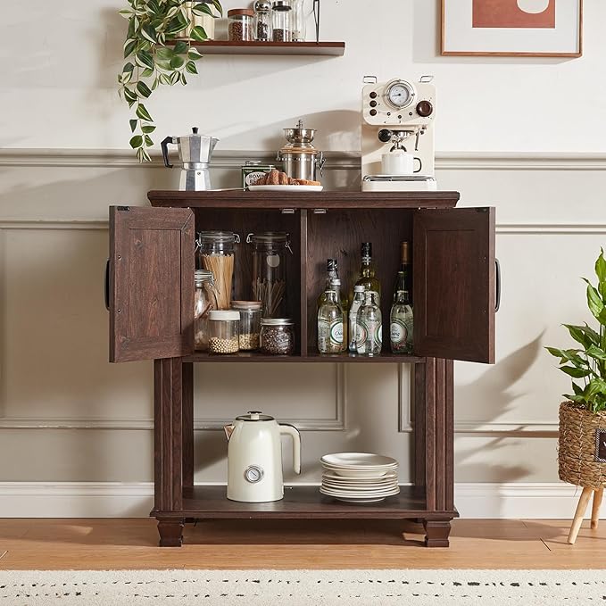 Farmhouse Coffee Bar Table with 2-Door Cabinet, Kitchen Storage Cabinets with Open Shelf, Coffee Station for Dining Room, Kitchen, Hallway, Living Room, Walnut