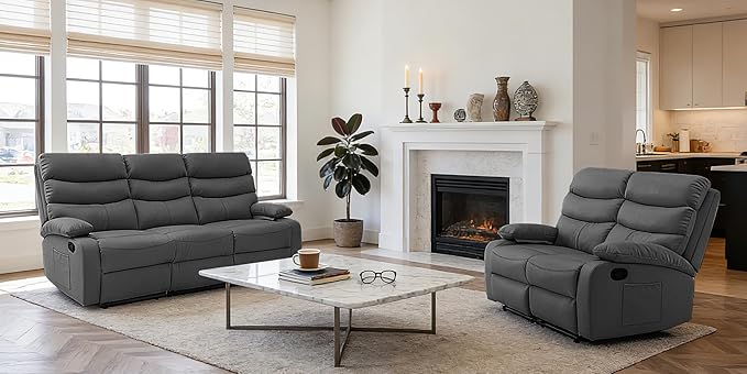 Reclining Couch Sofa Set Leather Recliner Couch Sofa and Loveseat Sets for Living Room, RV, Theater Seating(3 Seat Sofa+Loveseat,Grey)