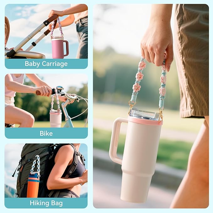 Water Bottle Handle, Hand-Woven Lanyards Silicone Water Bottle Sling, Carrier, Holder with Strap Compatible 8-40oz Stanley Cup Hydroflask Bottle Accessories-Flower Multicolor