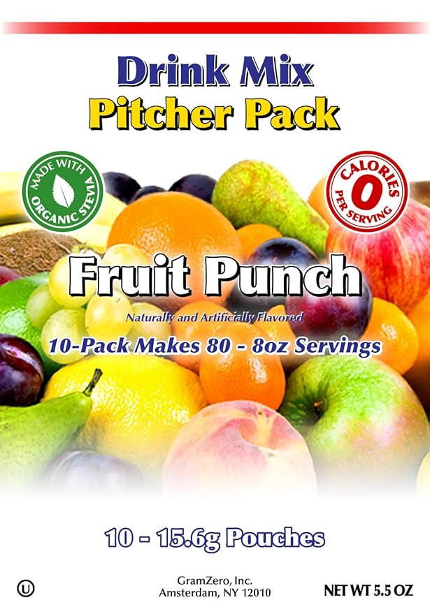 GramZero Fruit Punch, Sugar Free Drink Mix, Pitcher Pack, Great For Nutrition Club Loaded Tea, Zero Calorie, Stevia Sweetened