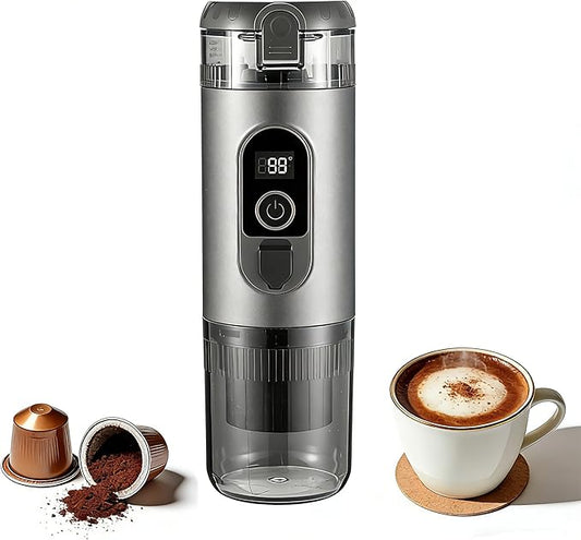 Portable Electric Espresso Machine Travel Coffee Maker 20 bar Mini Espresso Self-Heating Car Coffee Maker Compatible with Ground Coffee & NS Capsule for Camping RV Hiking Offic, Gray