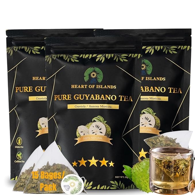 Heart of Islands KOSHER & HALAL Certified Soursop Tea Bags (2g Each) – Premium Guyabano (Graviola) Leaves from the Philippines – Organic Herbal Tea Bags Caffeine Free with Zero Calories 15 Count - Pack of 3