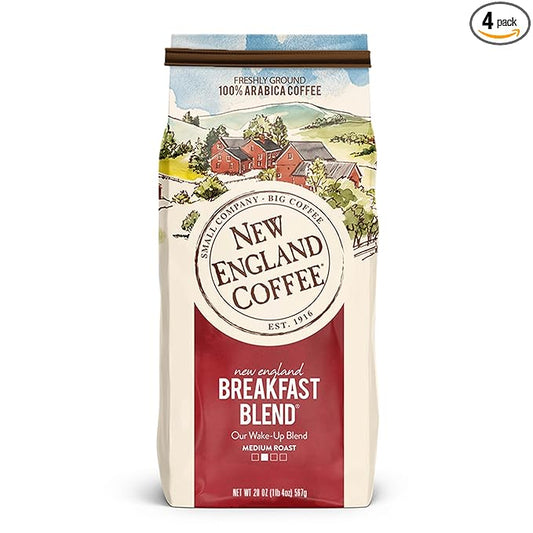 New England Coffee Breakfast Blend Medium Roast Ground Coffee, 20oz Bag (Pack of 4)