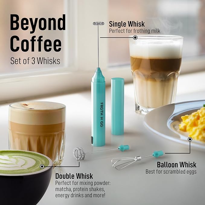 Zulay Froth N Go Milk Frother – Rechargeable 3-in-1 Handheld Frother Wand with Travel Case & USB-C Charger – Single, Double & Egg Whisk for Latte, Cappuccino, Matcha, Protein Shakes – Aqu