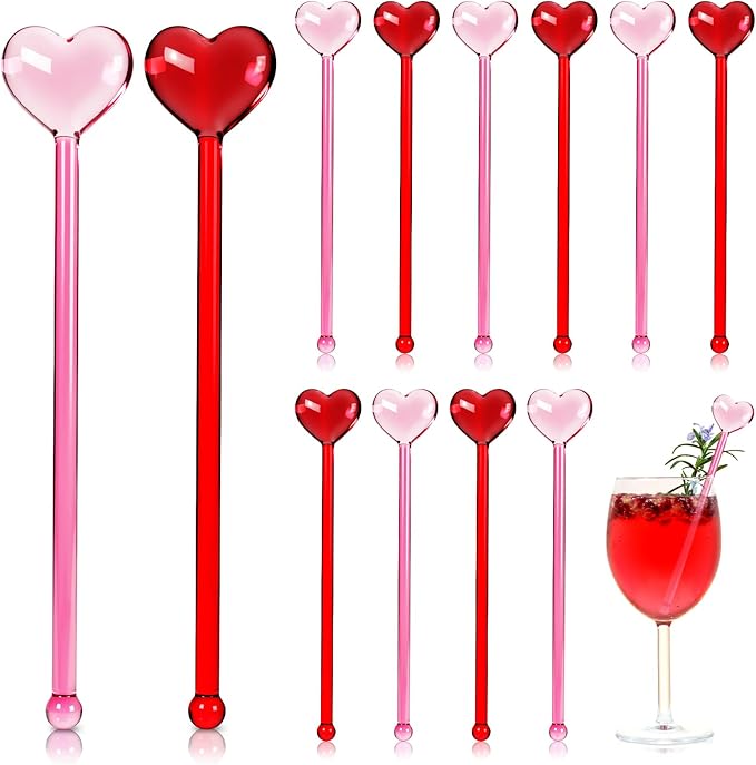 12 Pcs Heart Glass Drink Stirrers 7 Inch Swizzle Sticks for Cocktails Coffee Reusable Heart Shape Stir Sticks for Coffee Bar Kitchen Home Party Bar Weddings Decorations