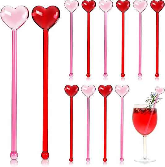 12 Pcs Heart Glass Drink Stirrers 7 Inch Swizzle Sticks for Cocktails Coffee Reusable Heart Shape Stir Sticks for Coffee Bar Kitchen Home Party Bar Weddings Decorations