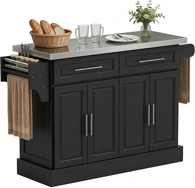HOMCOM Rolling Kitchen Island Cart with 47" Stainless Steel Top, Portable Island Table for Kitchen with Wheels, Adjustable Shelves, 2 Drawers, Spice, Knife and Towel Rack, Black
