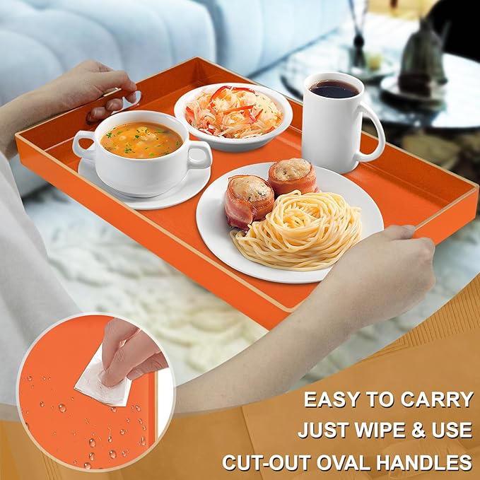 MAONAME Orange Serving Tray with Handles, Modern Decorative Trays for Coffee Table, Plastic Rectangular Trays for Ottoman, Bathroom, Halloween Decor, 15.8” x 10.2” x 1.4"